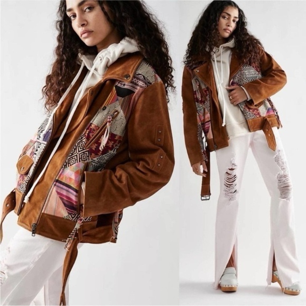 NWT FREE PEOPLE Brown Suede Split Leather Cami Pieced Moto Patchwork Jacket M